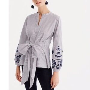 J. Crew • Embroidered Tie-Front Stripe Tunic Blouse Top